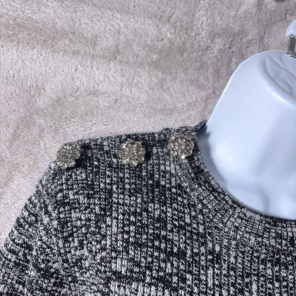 Ganni Melange Knit Top Womens Large Gray Crystal Embellished 3/4 Sleeve